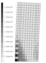 Figure 13 Deformation and strain contour predicted by the numerical model: (a) Cracking strain at peak load state; (b) Vertical compressive strain at ultimate state
