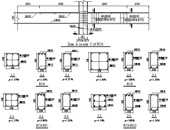 Fig. 2. Reinforcement details at Zone A on axis C of the RC frames