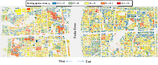 Fig. 8 The mean ignition index of each building and the locations of the 32 ignited buildings