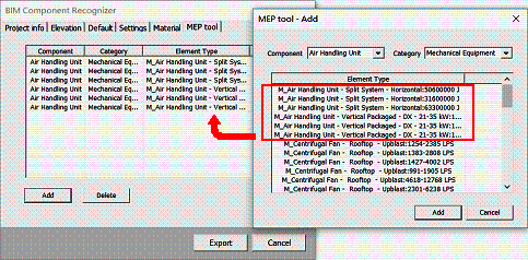 Graphical user interface allowing users to manually establish the mappings between an air handling unit and all the available mechanical equipment types in a Revit model
